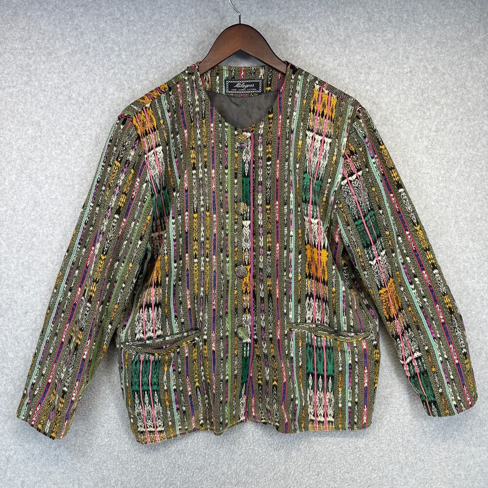 Milagros Jacket Womens Large Multicolor Handwoven Striped Boho Button Pockets